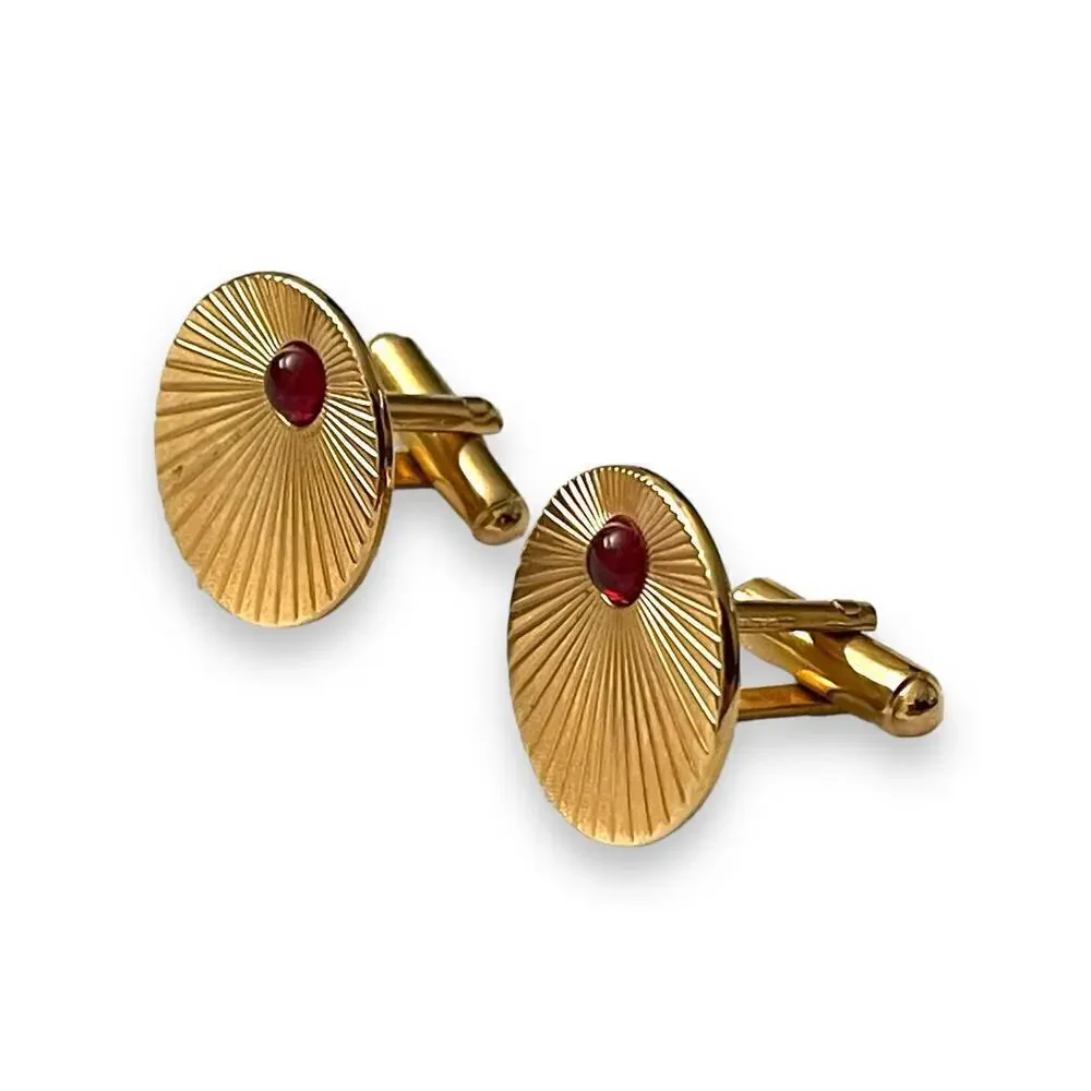 Vintage Hickok Cufflinks Mens Gold Tone Red Glass Cabochons Art Deco Signed USA